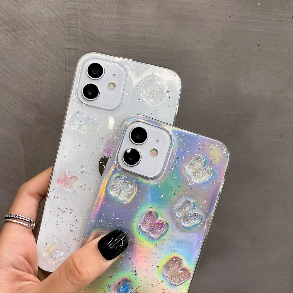 

Glitter 3D Butterfly Shockproof Phone Case for iPhone 11 12 Mini Pro Max Soft Clear Cover for iPhone X XR XS 8 7 Plus 2pro Coque