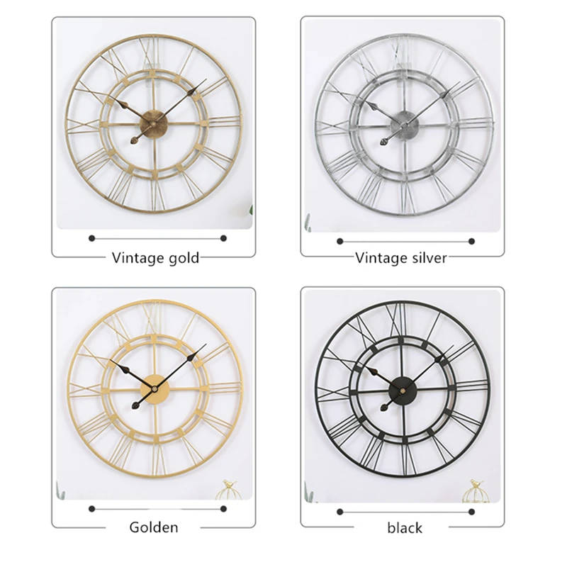 

40/60CM Nordic Metal Roman Numeral Wall Clocks Retro Iron Round Face Black Gold Large Outdoor Garden Clock Home Decoration