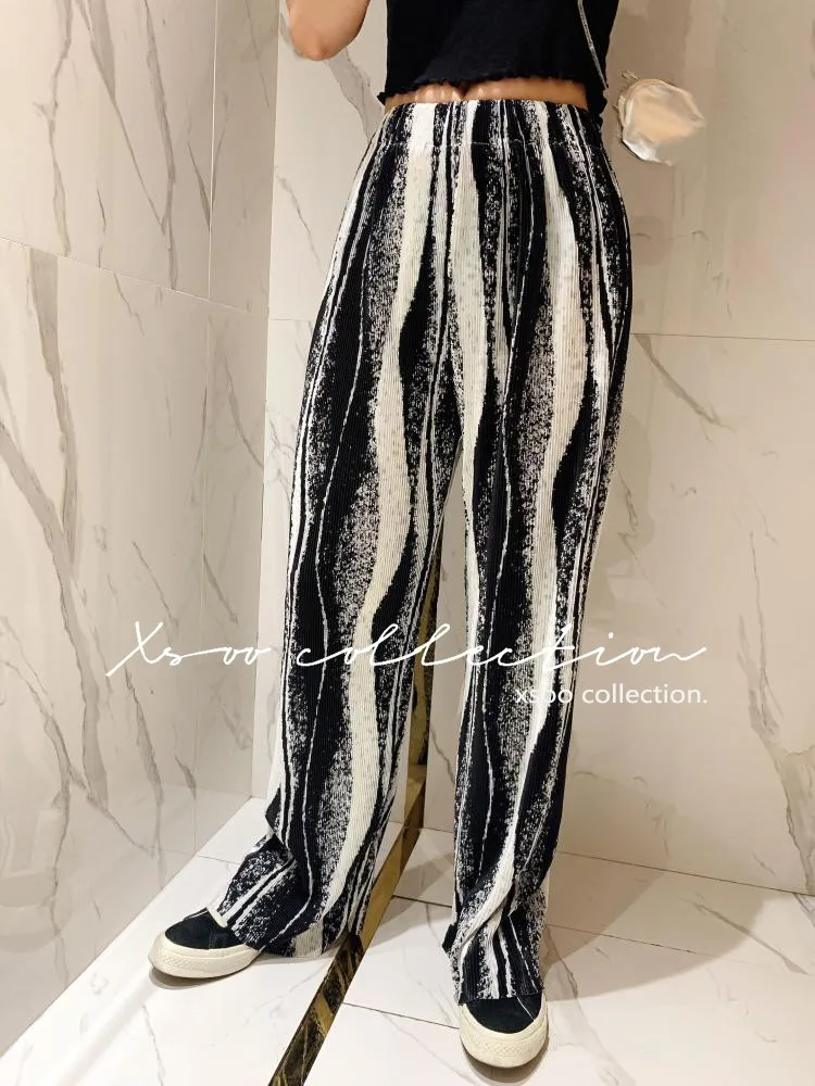 HOT SELLING Miyake Fashion fold Black and white splash ink high straight long pants  IN STOCK