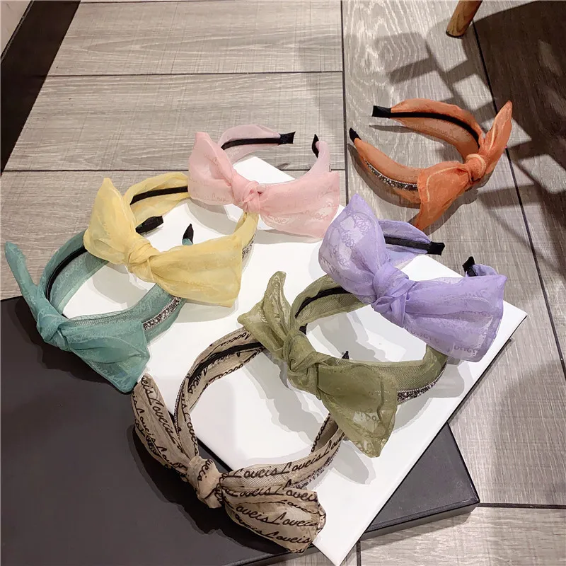 

Solid Spliced Bowknot Mesh Hairbands Colorful Fashion Sweet Bead Letters Headband Women Street All Match Girls Hair Accessories
