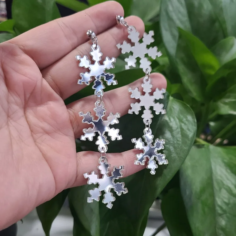 Cute Christmas Snowflake Drop Earrings For Women Xmas Silver Color Mirrored Acrylic Dangle Gift |