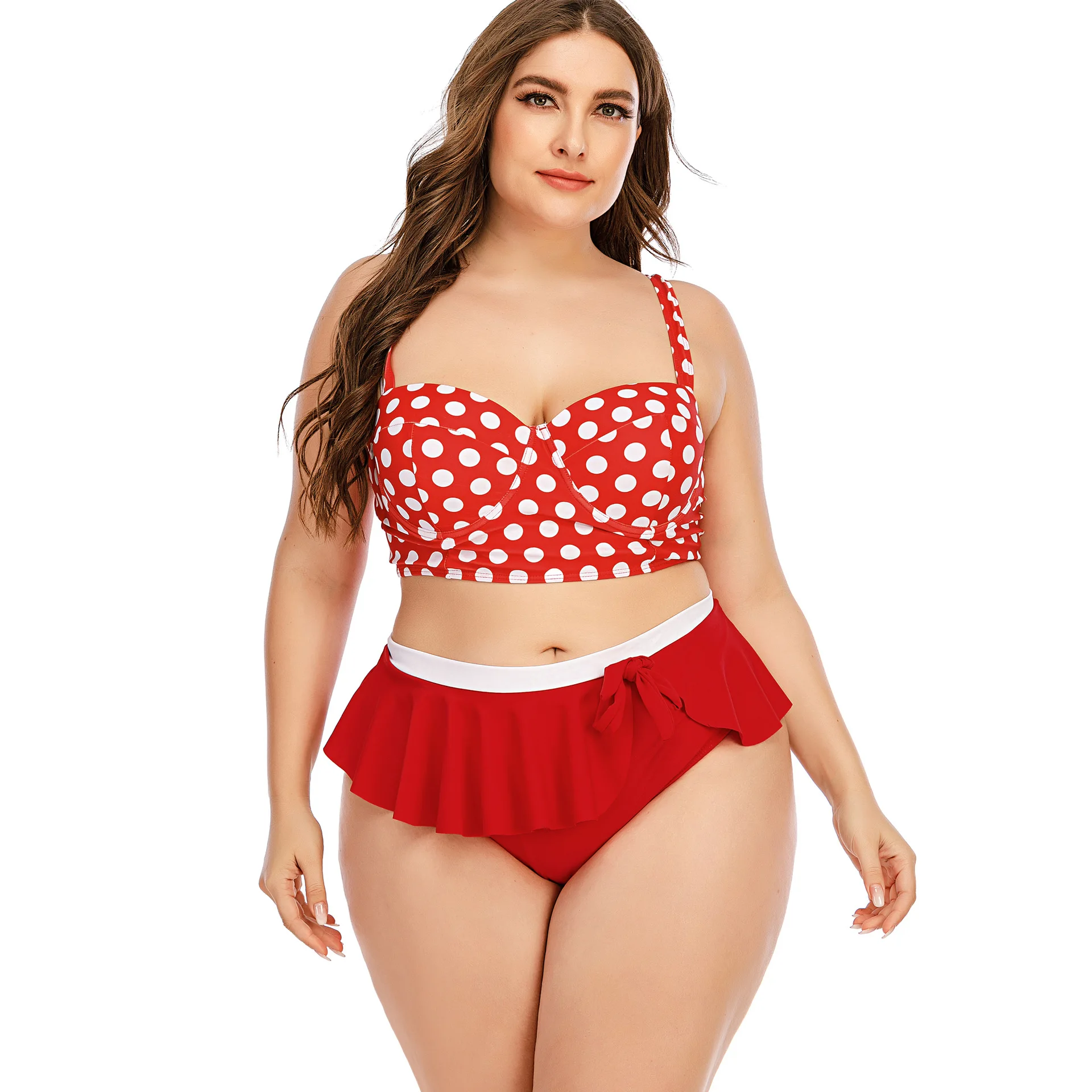 

Luren Plus Size Swimwear Red Maca Blue Retro Dots Steel Bracket High Waist Flash Split Swimsuit Women V Waist