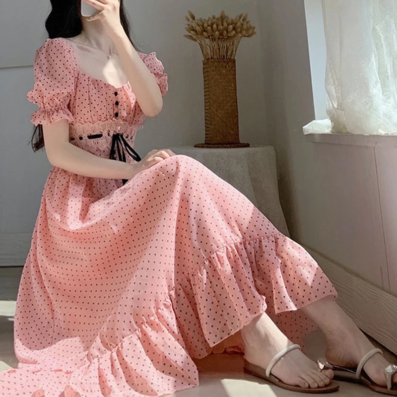 

2021 Summer Short Sleeve Beach Dress Korean Chic Women Elegant Vintage Dot Midi Dress Female Square Collar Party One Piece Dress