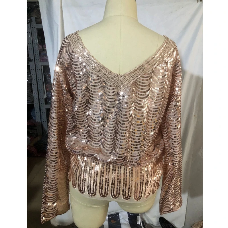 

WEPBEL T-shirt Women's Solid Color Sequins Stitching Loose T-shirt Spring Long Sleeve O-Neck Off-Shoulder Pullover T-shirt