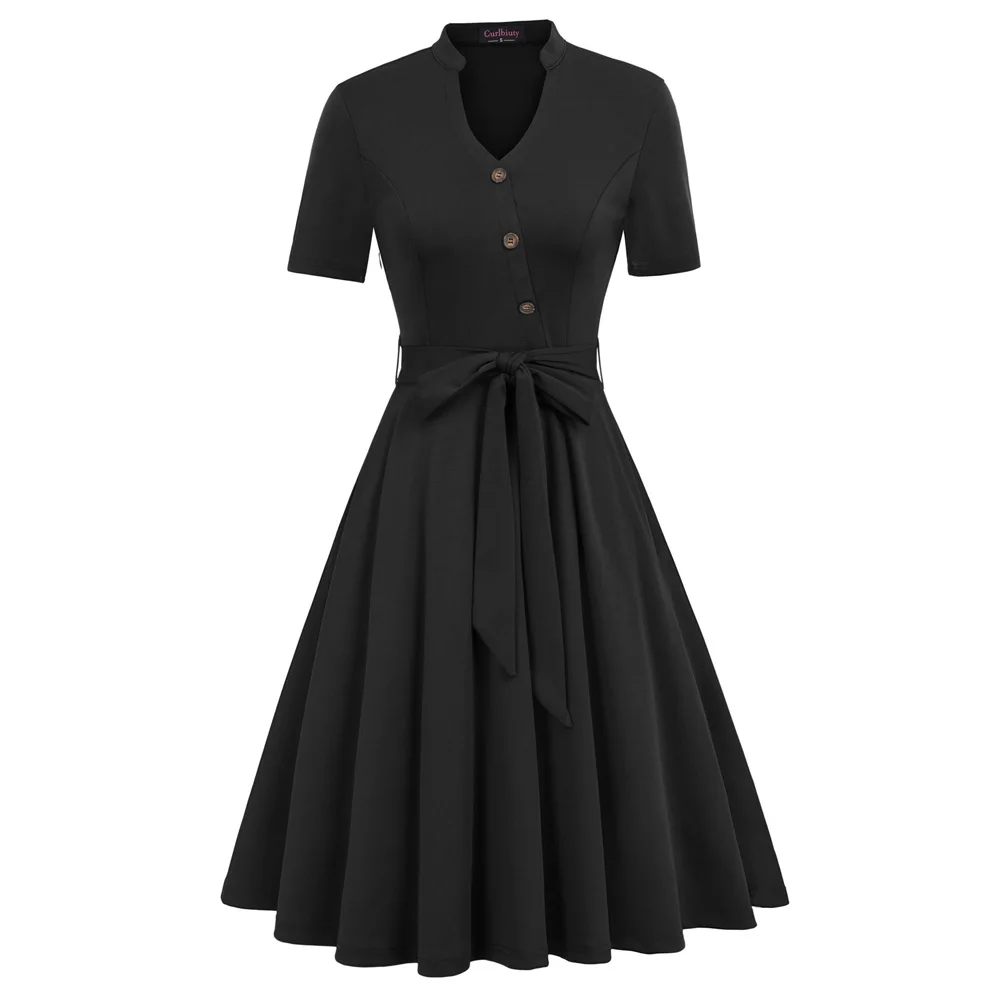 Black Belle Poque, винтажное вечернее платье, Ретро стиль, плиссированные платья, женские однотонные элегантные платья с коротким рукавом, лето, для женщин - Цвет: Black