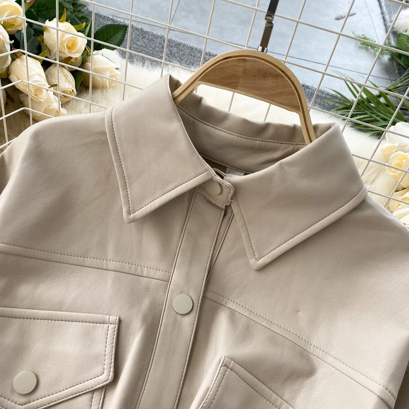 

New Spring Women Faux Fur Leather Brown Jacket Biker Coat Turndown Collar PU Motorcycle Jackets Loose Streetwear Y2k Outerwear