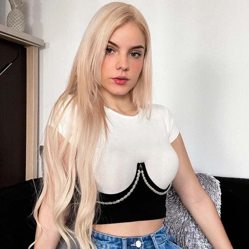 

Rockmore Summer Tshirt With Corset Patchwork Short Sleeve Crop Top Female Harajuku Tee Punk Skinny Knit T-shirt Streetwear Women