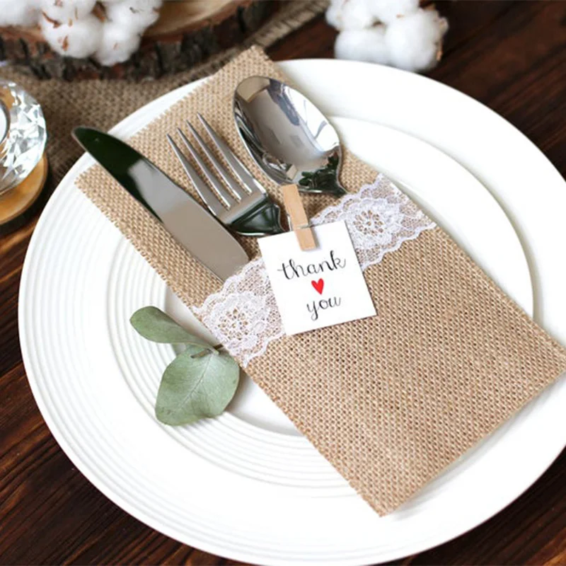 Мешочек из мешковины кружевной вилка нож столовые приборы винтажный в