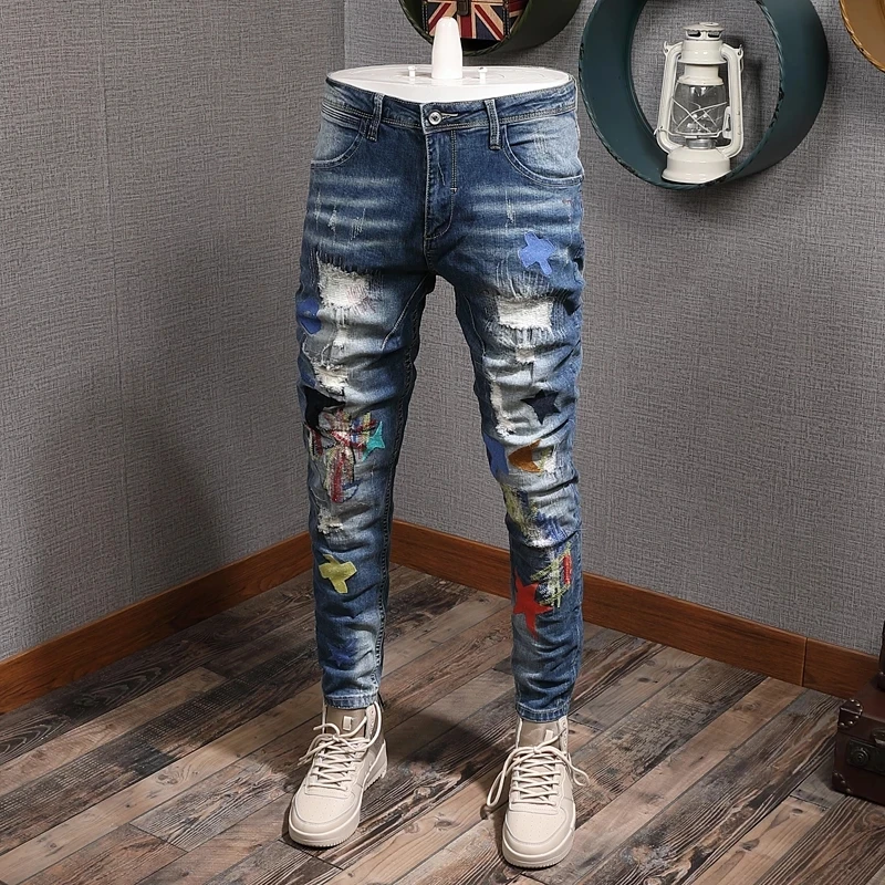 European American Street Fashion Men Jeans Elastic Slim Fit Ripped Jeans Men Embroidery Patch Designer Hip Hop Denim Punk Pants