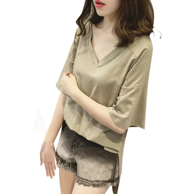 Однотонная летняя футболка женская с v образным вырезом Женская Мягкая коротким