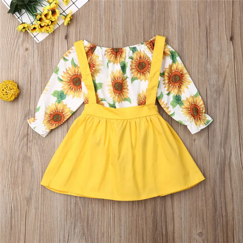 0-3 Years Baby Girls Clothes Set Sunflower Print Rompers White Yellow Sleeveless Strap Dress Suit Infant Outfits | Мать и ребенок