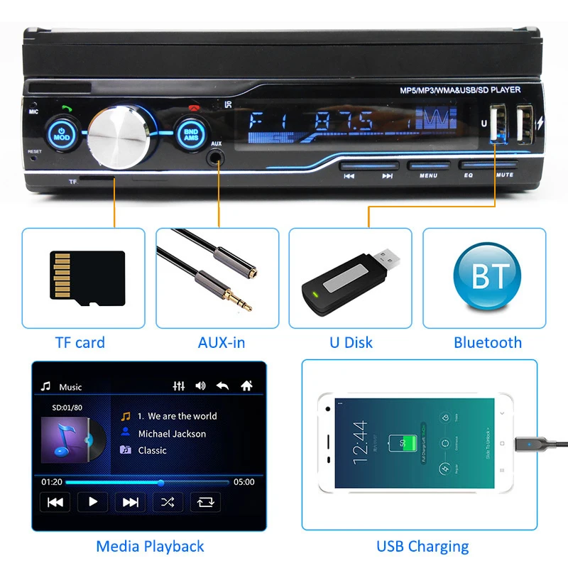 1 Din Выдвижной Автомагнитола RDS Mirror Link Видеоплеер MP5 AM FM USB TF Aux " Сенсорный экран Стереосистема Головное устройство PHYEE T100