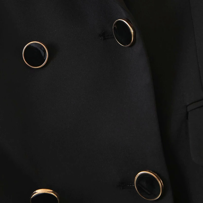 Женский офисный пиджак на пуговицах длинный черного цвета в винтажном стиле