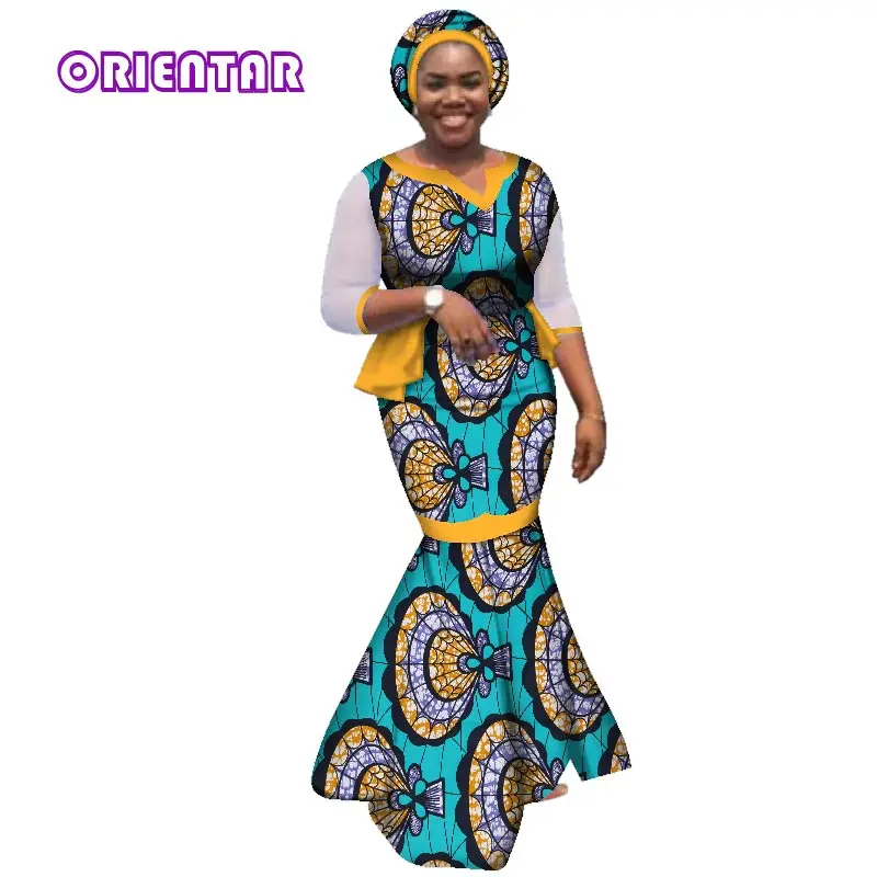 African Dresses for Women African Clothes with Headscarf Print Cotton Floor Length Dress Women Private Custom Plus Size WY2903