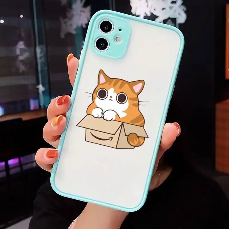 

Cute cartoon cat Phone Case For iPhone 12 11 Mini Pro XR XS Max 7 8 Plus X Matte transparent blue Back Cover