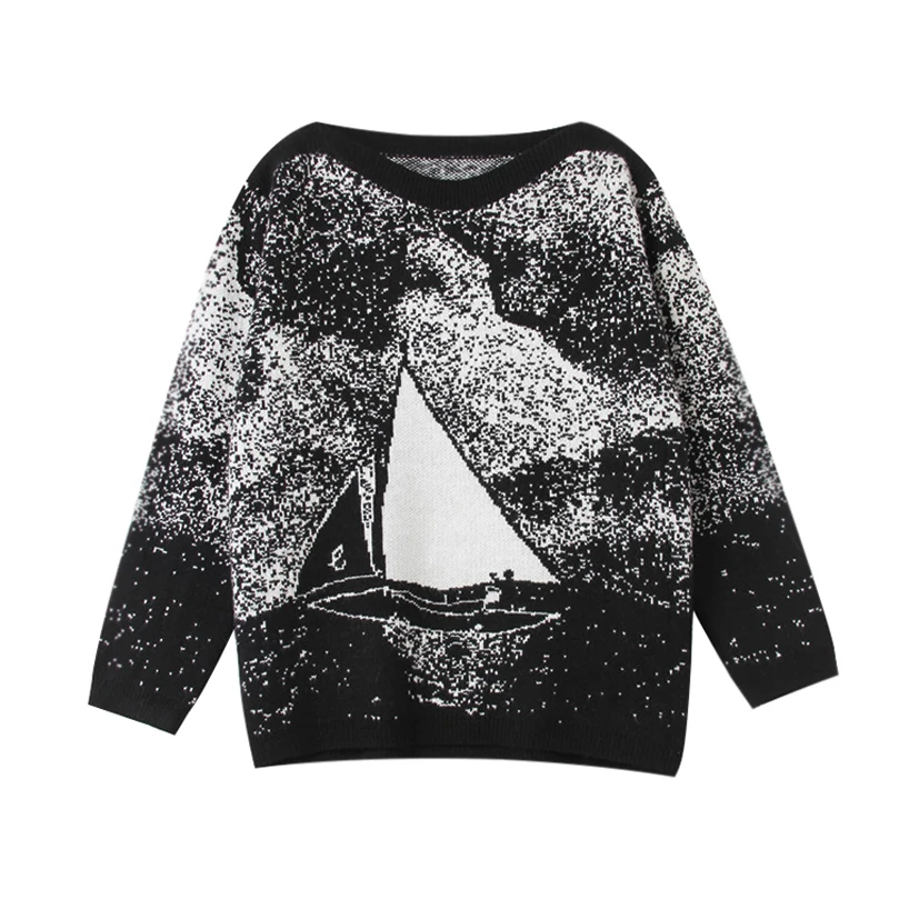 Slash Neck Knitted Sweater Sailboat Pattern Women Pullovers 2021 New Auttum Fashion Casual Loose Chic Sueter Mujer C-119 | Женская