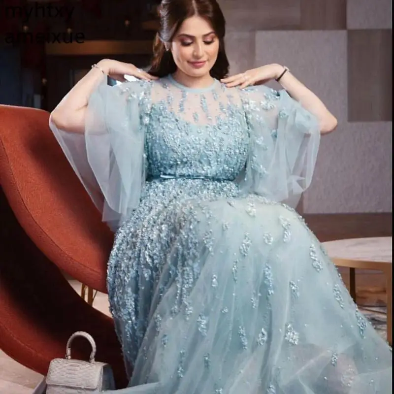 New Arrival Organza Half Sleeve Muslim Event Evening Dress 2020 Formal Dress Party Evening Gown Lace Beaded Abiye Robe De Soiree