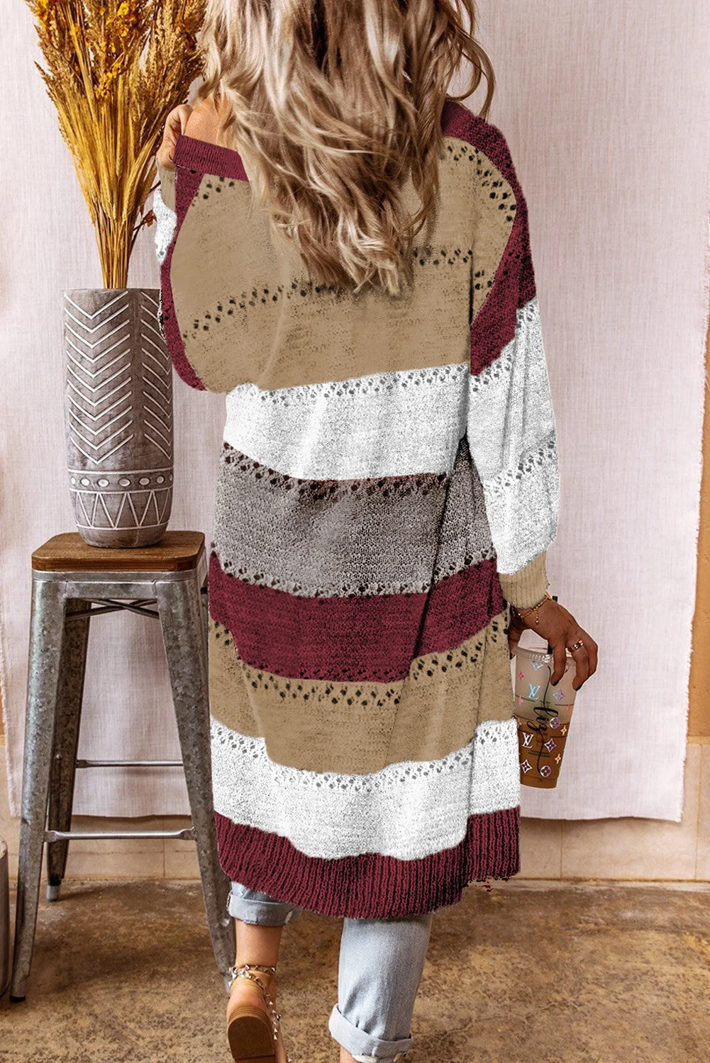 

New Cardigan Coat Womens Color Block Striped Sweater Casual Long Women Warm Sweater Knitted Female Loose Sweater Winter