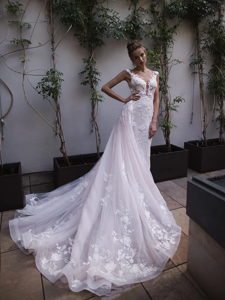 

MNGRL Retro Simple Wedding Dress V-neck 3D Flower White Lace Bridal Dresses Fluffy Skirt Mermaid Bridal Dresses