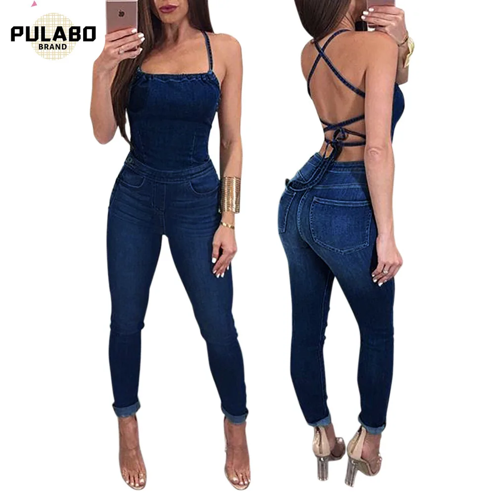 

PULABO Sleeveless Backless Tie Back Snap Buttons Lace Up Women's Bodysuits Summer Jean Playsuits Jumpsuits Bodice Rompers New