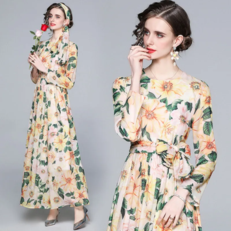 

Женское шифоновое платье для отпуска, модельное Элегантное повседневное шифоновое платье высокого качества с длинным рукавом и шнуровкой, ...