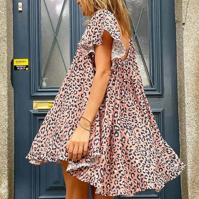 

2021 Spring Ladies Fashion Short Sleeve Ruffles Dress Summer Women Elegant Print Irregular Dress Casual O-Neck Loose Beach Dress