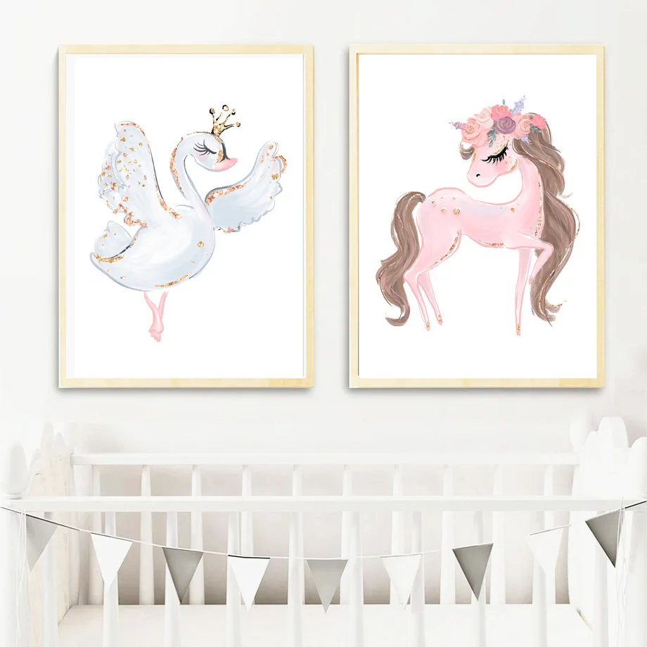 Мультяшный Розовый Единорог Лебедь Девушка корона цветок Скандинавская