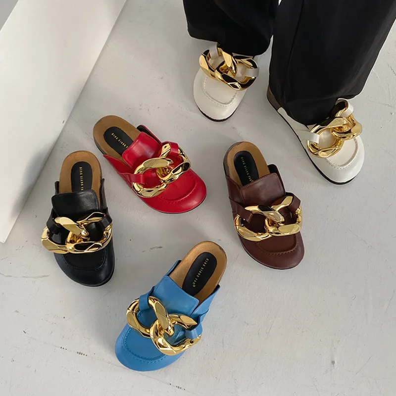 

New Brand Design Gold Chain Women Slipper Closed Toe Slip On Mules Shoes Round Ladies Low Heels Casual Slides Flip Flop 2021