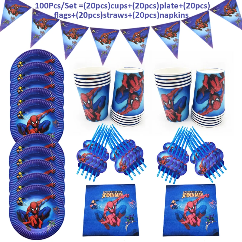 

100PC Spiderman Theme Disposable Tableware Design Kids Birthday Party Paper Plate/Cup/Napkin/Straws/Flags SuperHero Party Supply