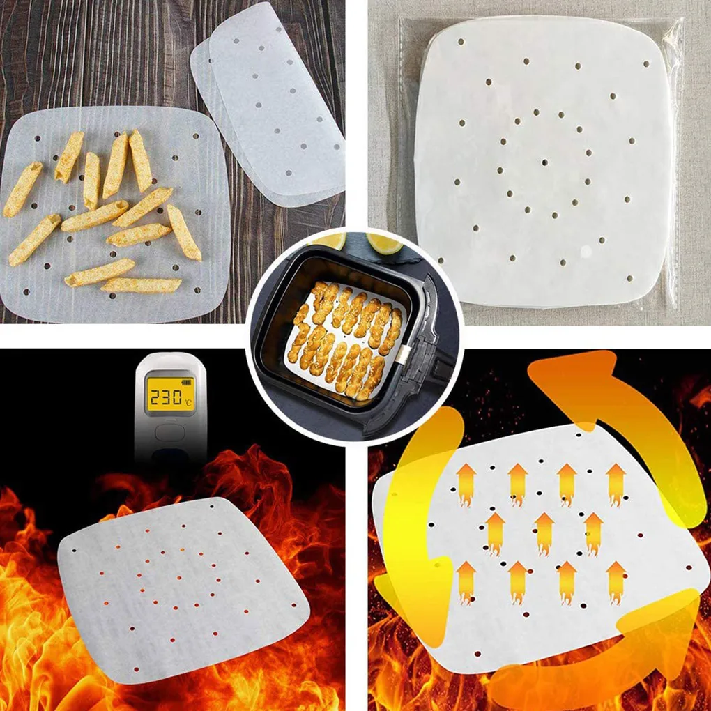 

200 Sheet/set Air Fryer Steamer Liners Premium Perforated Wood Pulp Papers Non-Stick Steaming Basket Mat Baking Cooking Paper