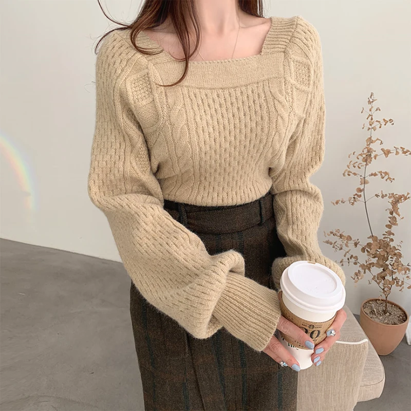 

Knitted Sweater Pullovers Women Square Collar Long Sleeve Twisted Jumpers Korean Casual Vintage Knitwear Loose Harajuku X335