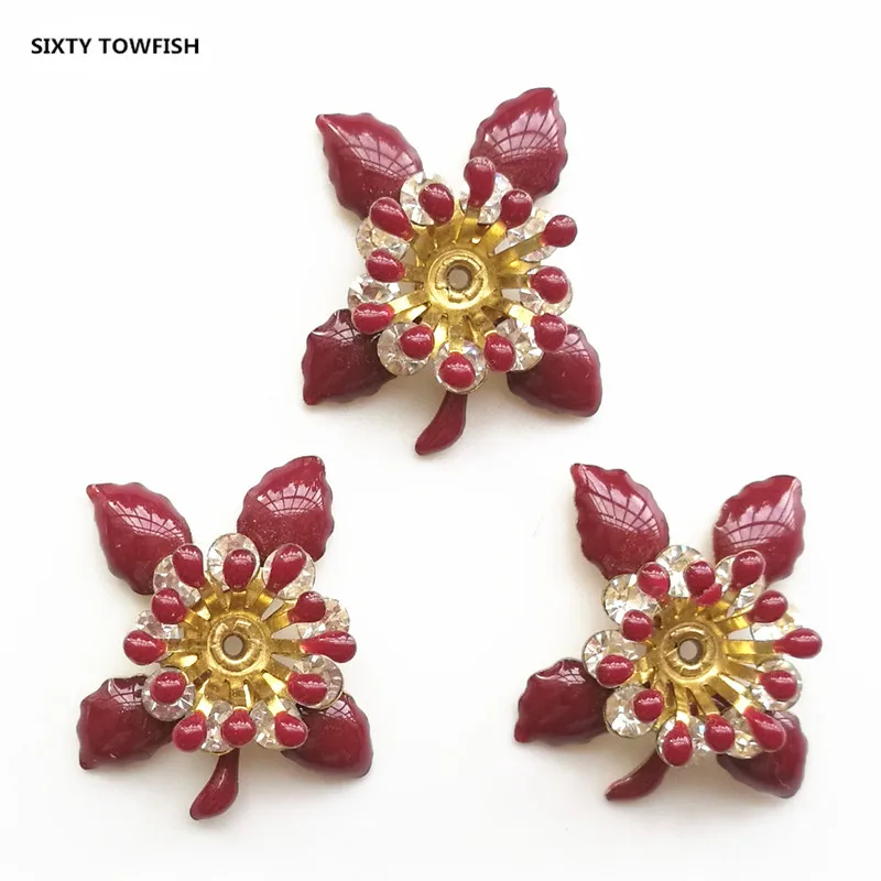 5 Pieces/lot 8 styles Copper Filigree Rhinestone Flower Slice Charms Base Setting DIY Jewelry Accessory Findings - Цвет: 021-17x21mm-Red