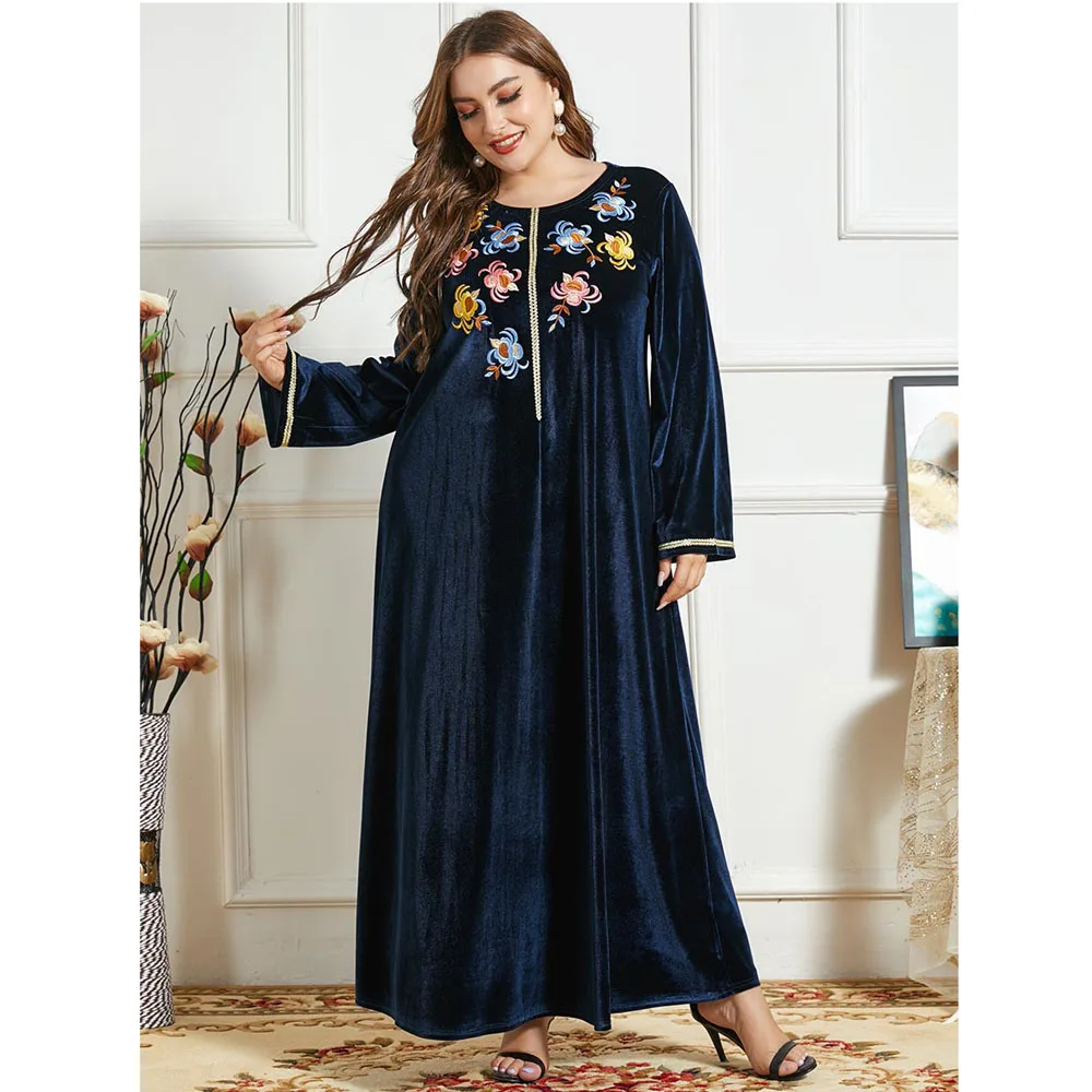 

Abaya Muslim Velvet Embroidery Long Dress Ethnic For Women O-neck Casual Party Autumn Winter With Belt Middle East Islam Vestido