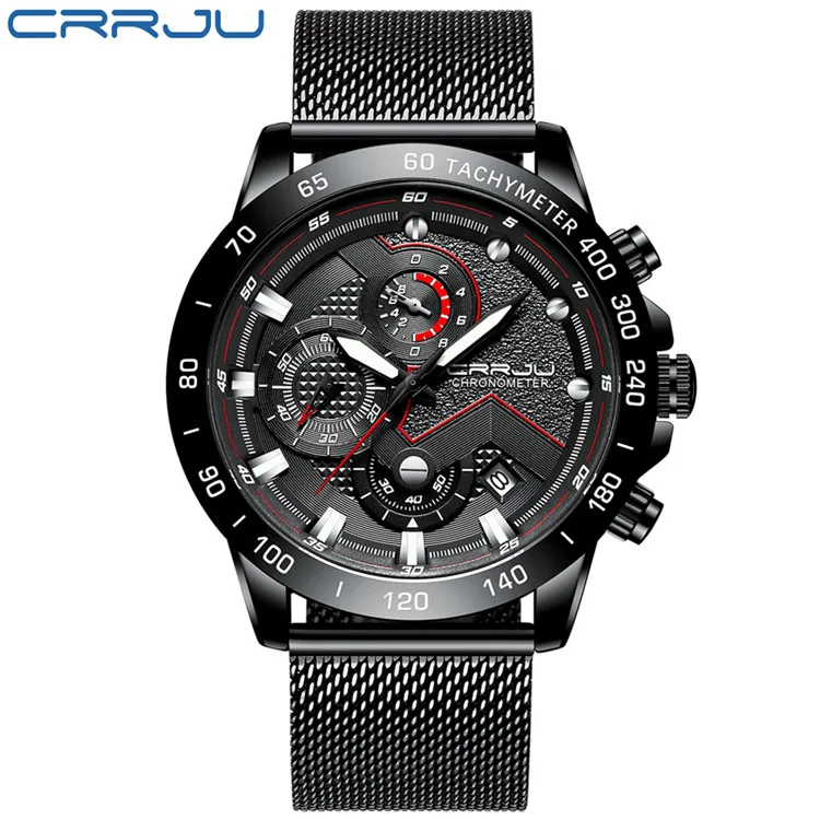 black Relogio Masculino CRRJU новые мужские часы лучший бренд класса люкс кварцевые часы сетка стальной хронограф дат водонепроницаемые спортивные часы для мужчин - Цвет: black