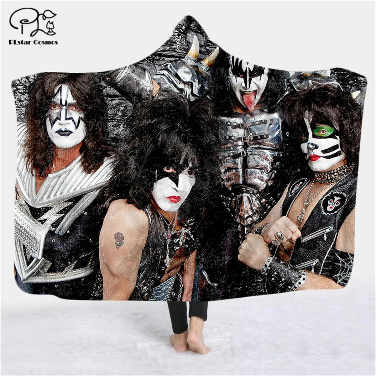 

Классическое Флисовое одеяло с капюшоном и 3D принтом Kiss для взрослых и детей, теплое одеяло для Хэллоуина, стиль-4