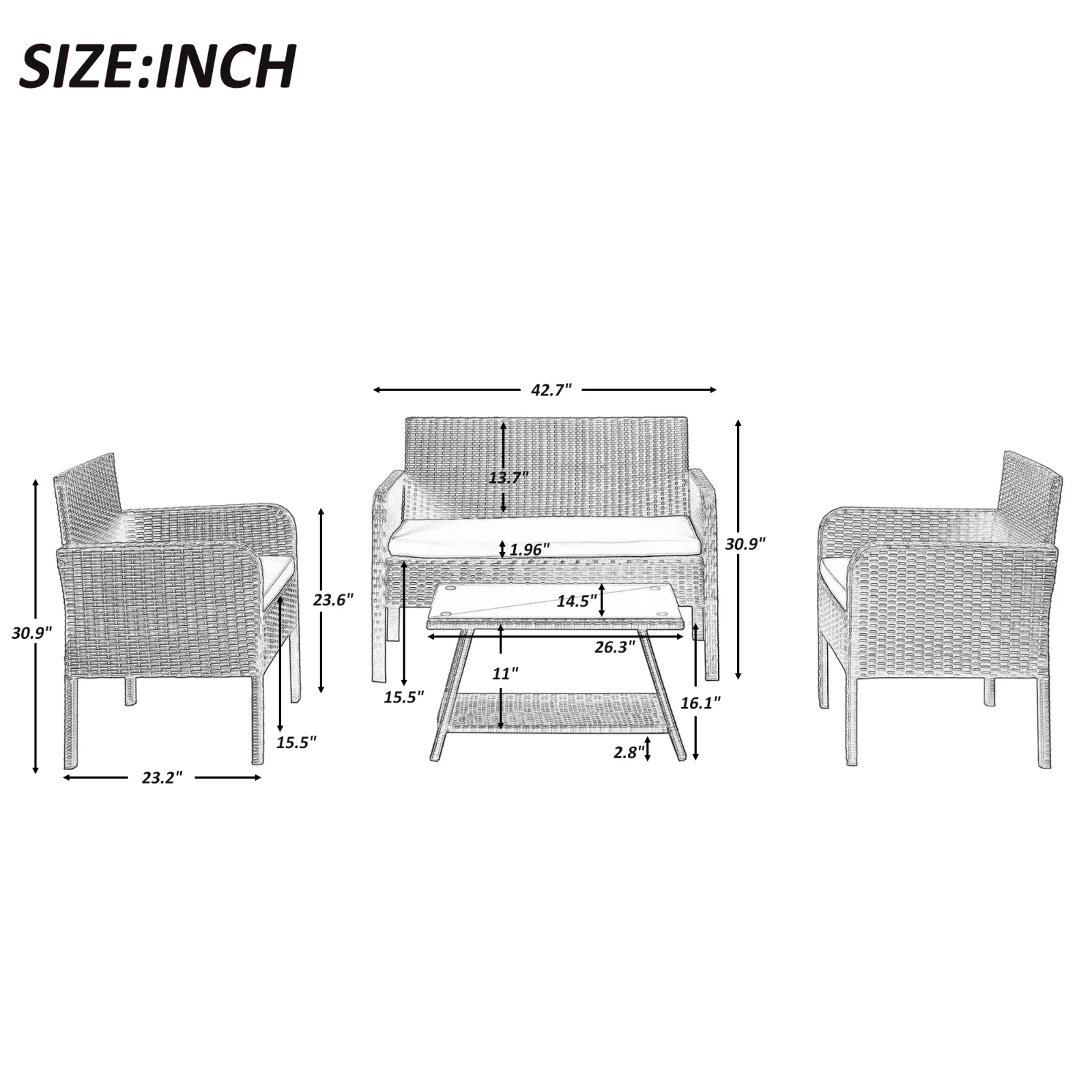 

4 Piece Rattan Sofa Seating Group With Cushions, Outdoor Ratten Sofa