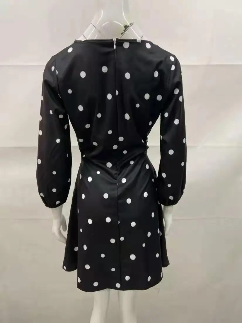 

2021 Spring Women Dresses O Neck Dot Print Dress Vintage Chic Folds Slim Waist Long Sleeve Mini Dress Women Clothing Oversize