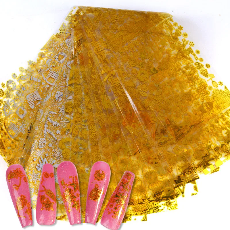 

Золотые снежинки, переводная Фольга для ногтевого дизайна, фольга для ногтевого дизайна, наклейки, 10 шт., Голографическая фольга для лазерно...