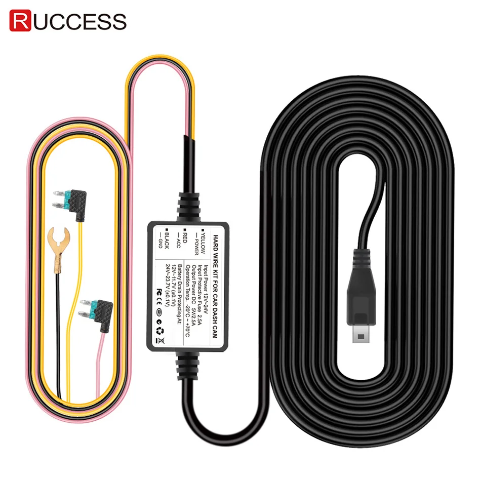 Черный RUCCESS комплект с жестким проводом Mini USB 12 В 24 В до 5 В 2.5A Автомобильный USB кабель с автоматической зарядкой для автомобильного видеорегистратора видеорегистратор gps автомобильный адаптер - Название цвета: Черный