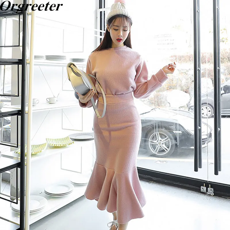 Осенне зимний новый комплект из свитшота и юбки рыбий хвост корейский Розовый