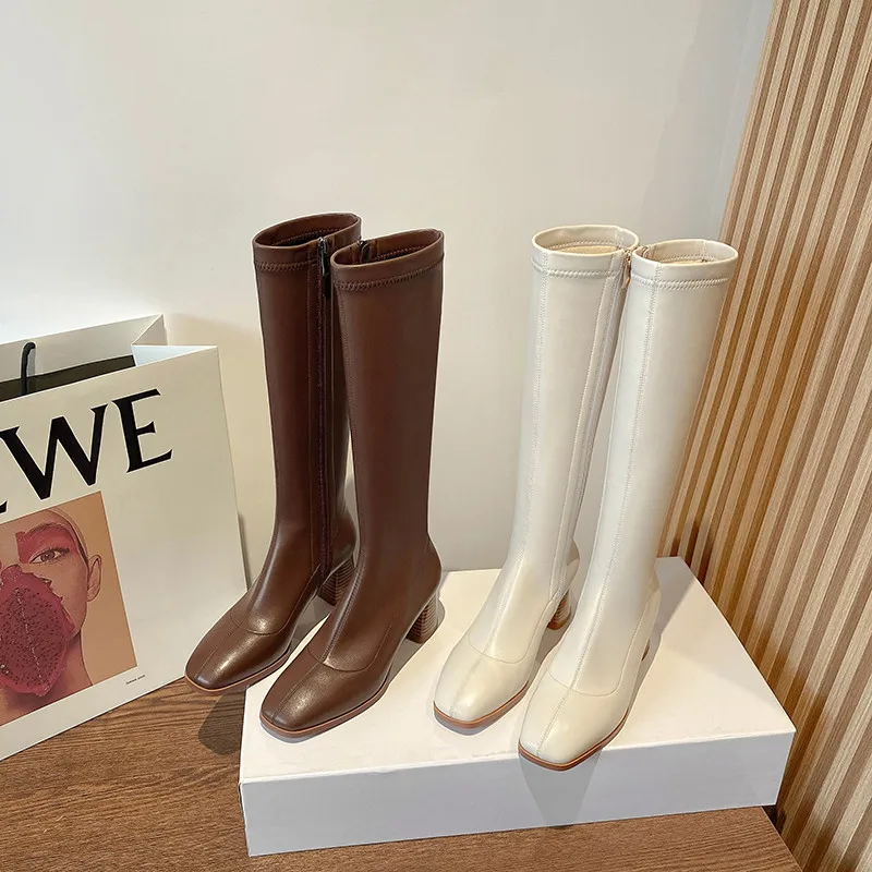 

MEMUNIA 2021 Hot Sale Stretch High Heels Women Riding Boots Square Toe Zipper Autumn Winter Casual Shoes Women Knee High Boots