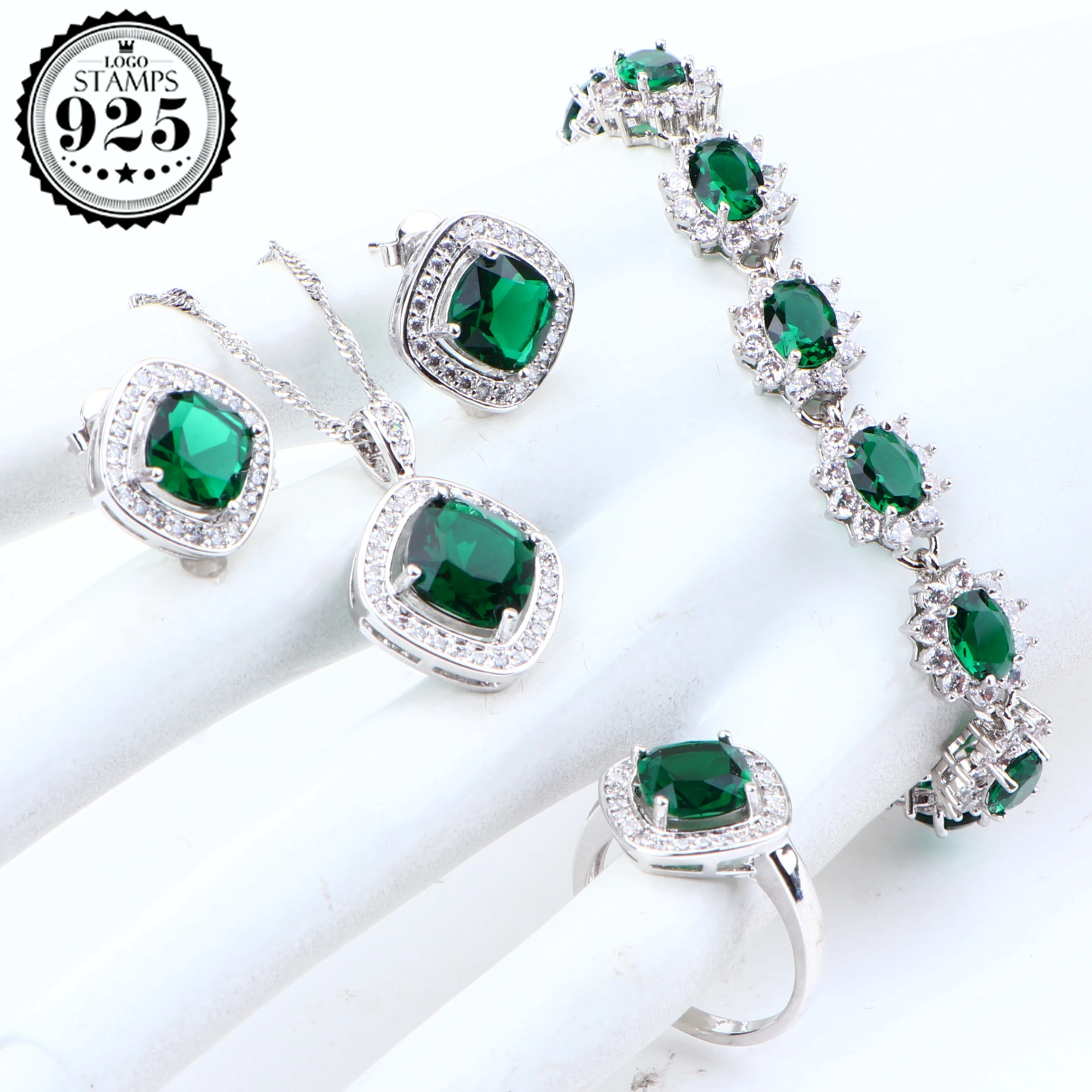 Циркониевый свадебный ювелирный набор 925 Серебряный Зеленый Камень женские