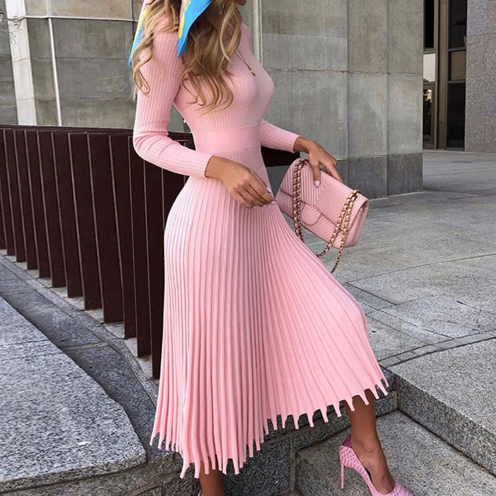 

Women Sweater Knitted Dress Pleated Flare 2021 Autumn Winter Pink Long Sleeve Knit Designer Sweaters Knitting Midi Dresses Fall