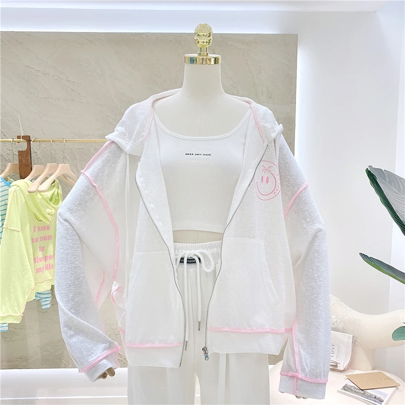 

2021 Spring Summer Ladies Back Smile Printed Loose Plus Size Hooded Cardigan Coat Women Fashion Simple Air Conditioned Shirt