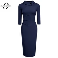 women solid color chic button slim elegant business classic wear to work office bodycon pencil dress eb574