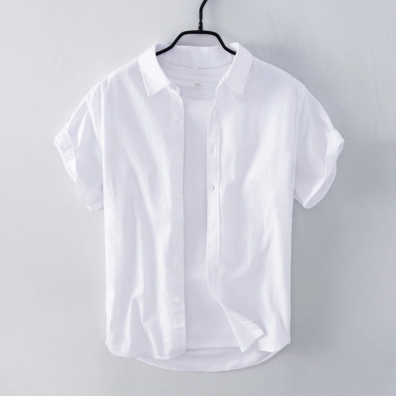 

Mens Button Up Shirt Short Sleeve Turn-down Collar Solid White Pink Tops Male Summer New Pure Cotton Casual Regular Clothes