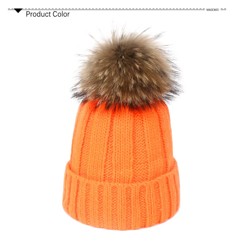 Women Autumn Winter Beanie Cap Female Acrylic Wool Hats With Real Fur Pompon Knit Windproof Outdoor Warm Fluorescent Beanie Hat