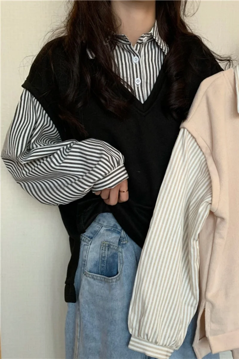 

Striped Patchwork Fake Two Piece Shirts Women Korean Preppy Style Lapel Loose Harajuku Chic Blouses Female Outwear Clothing