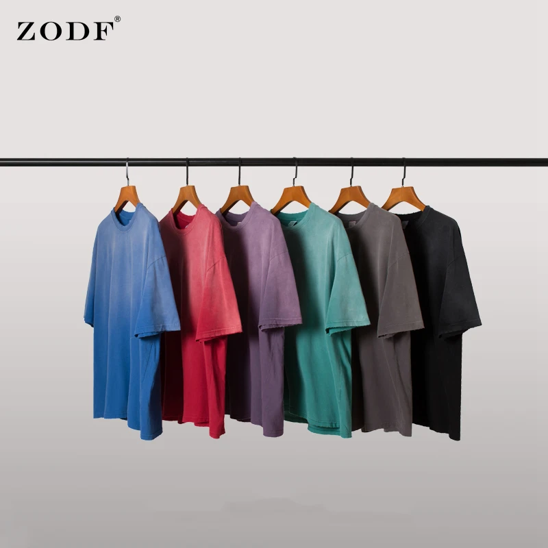 

ZODF Brand New Men's Summer 200gsm Cotton T Shirts Loose Solid Retro Unisex Washed Gradient High Street O-Neck Tees Tops HY0243