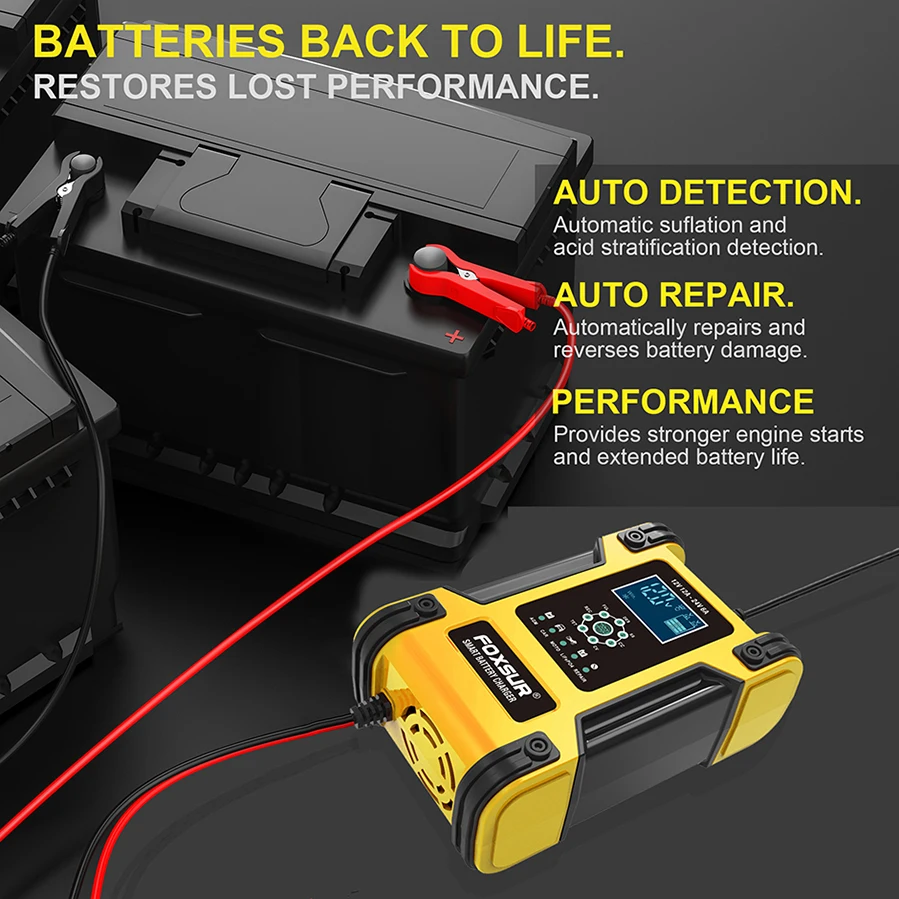 foxsur 12 amp 7 stage car battery quick charger12v24v multifunctional battery charger for wetagmlead acidlifepo4 batteries free global shipping